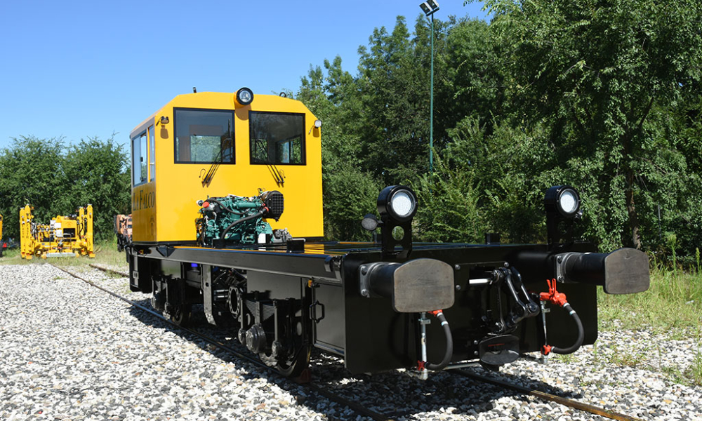 Back view of Side view of shunter (track vehicle) on the railroad track