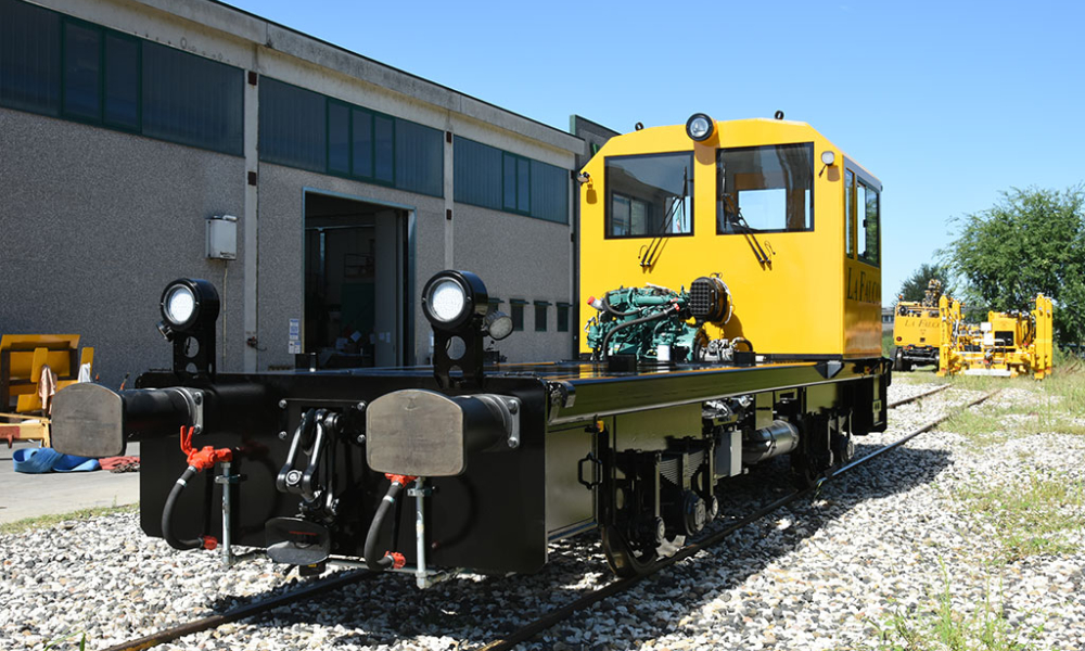Back view of Side view of shunter (track vehicle) on the railroad track