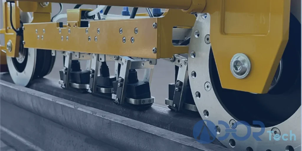 Ultrasonic rail inspection system with wheel-mounted probes detecting internal defects for reliable non-destructive railway testing.