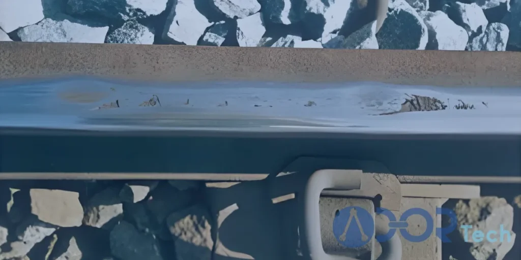 Surface defects on a railway track detected during eddy current rail inspection for non-destructive testing.