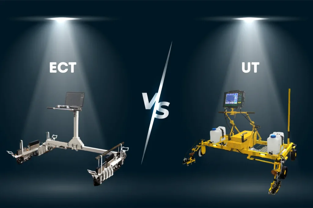 Comparison of eddy current vs ultrasonic testing in railway inspection — ECT rail flaw detector on the left and UT rail inspection system on the right.