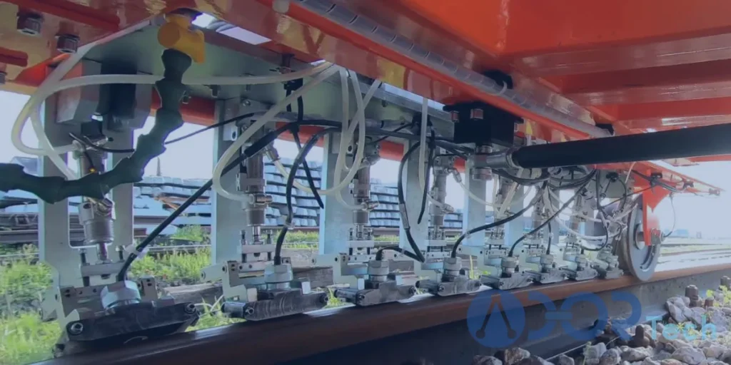 Ultrasonic rail inspection system scanning railway tracks with multiple sensors for flaw detection during non-destructive testing.