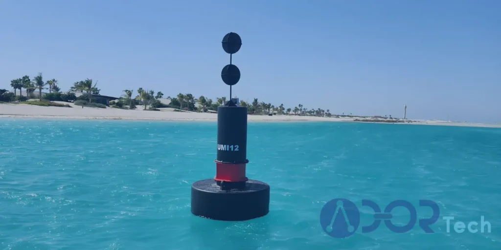 Black and red polyethylene navigation buoy near the shore, showing low maintenance and corrosion resistance compared to steel navigation buoys.