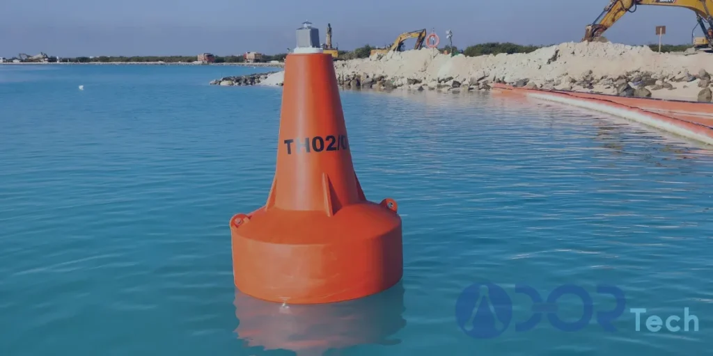 Orange polyethylene navigation buoy near a construction site, highlighting the benefits of polyethylene vs steel buoys in marine navigation projects.