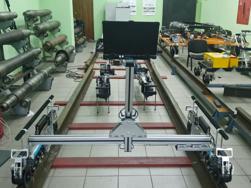 Eddy Current Flaw Detector system set up for railway track inspection in a testing lab