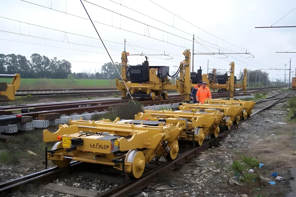 Motorized trolley on railway tracks for rail equipment transport and maintenance work