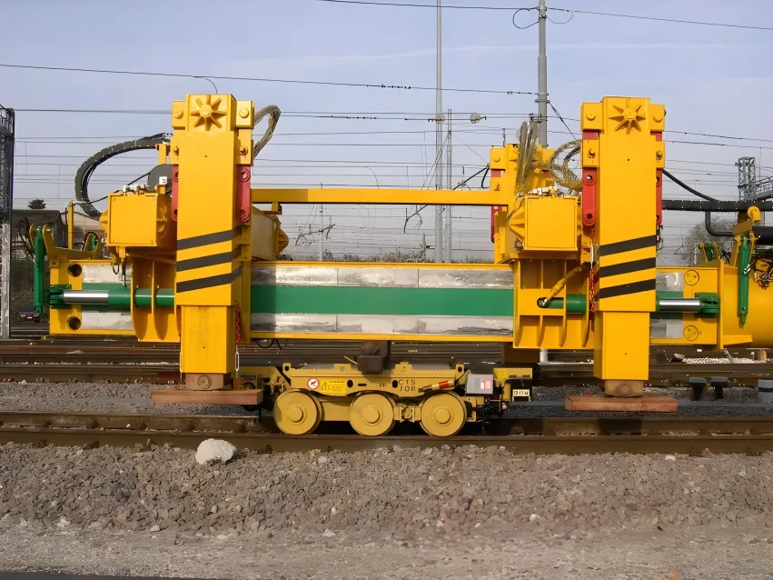 Motorized trolley carrying heavy railway equipment on rail tracks