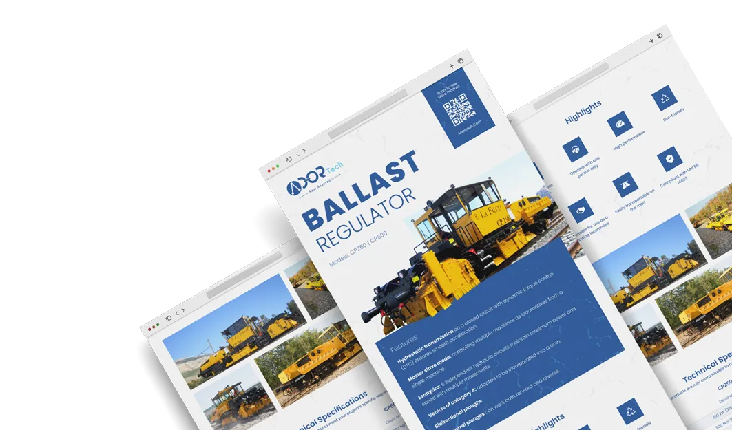 Ballast regulator brochure showing railway ballast maintenance equipment and technical information.