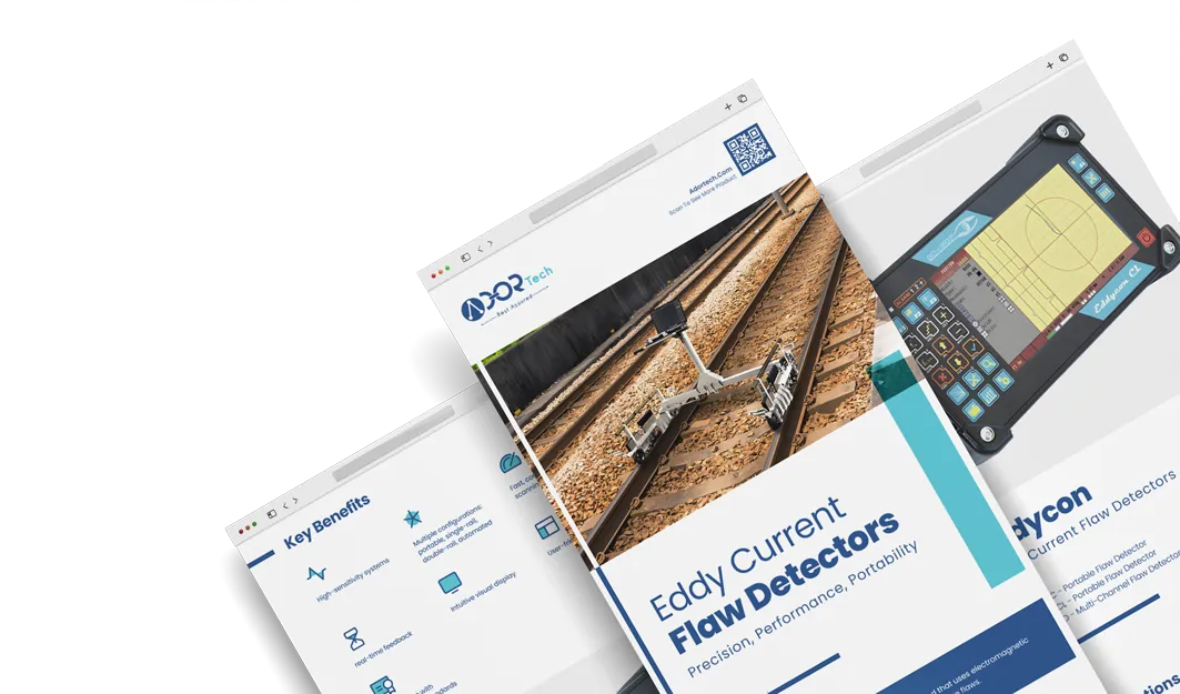 Eddy current flaw detector catalog showing rail inspection equipment and technical specifications.