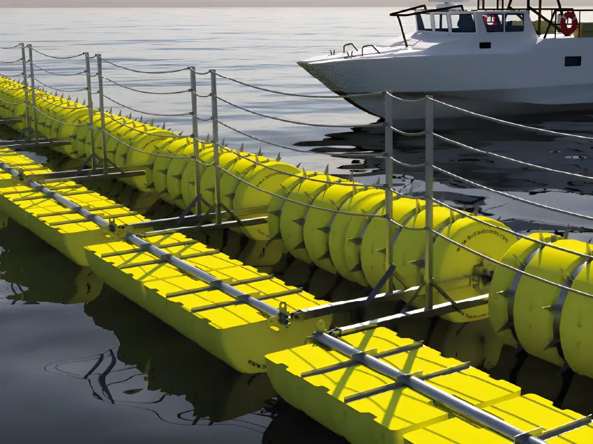 Floating security barriers for port security, vessel control, and restricted marine zones.
