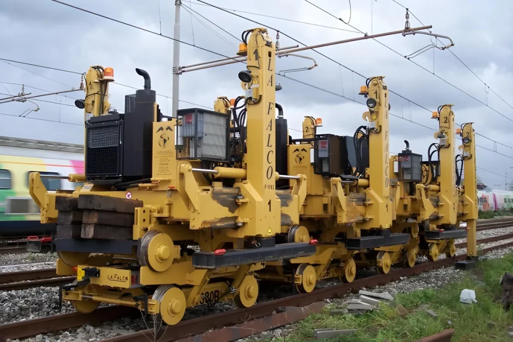 Track laying machine on railway tracks for rail installation and track construction.