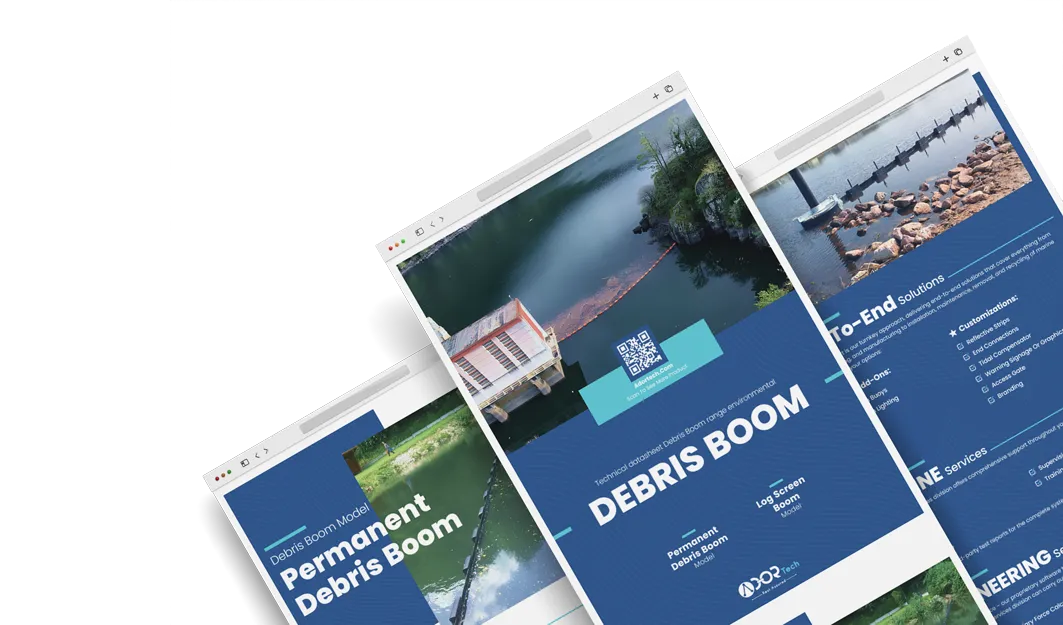Debris boom catalog showing floating debris barrier solutions