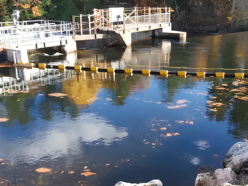 Floating debris boom used as a debris barrier in a waterway.