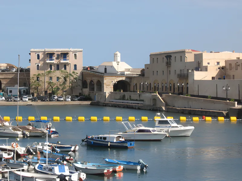 Floating security barriers protecting marina