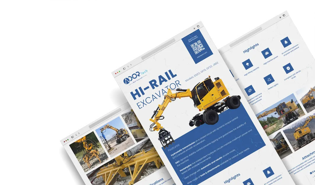 Hi rail excavator catalog showing road rail excavator features, applications, and technical specifications.