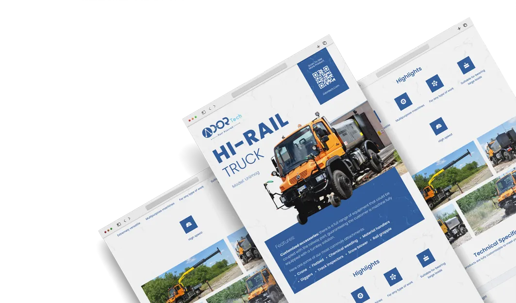 Hi rail truck catalog showing railway maintenance equipment details and technical specifications.