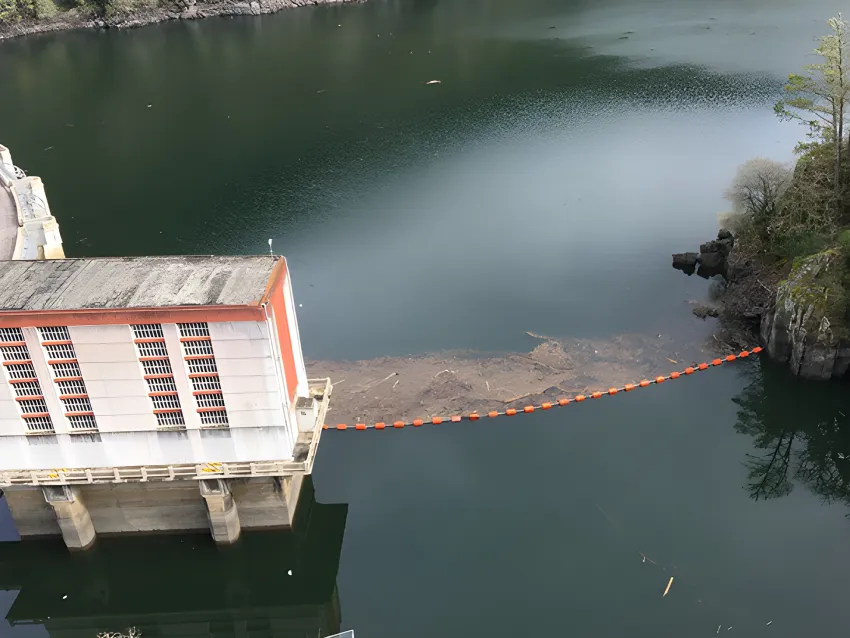 Log screen boom protecting dam intake