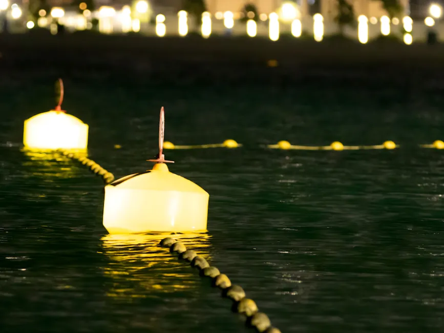 Lighted mooring buoy at night