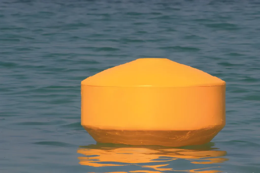 Yellow mooring buoy floating on water