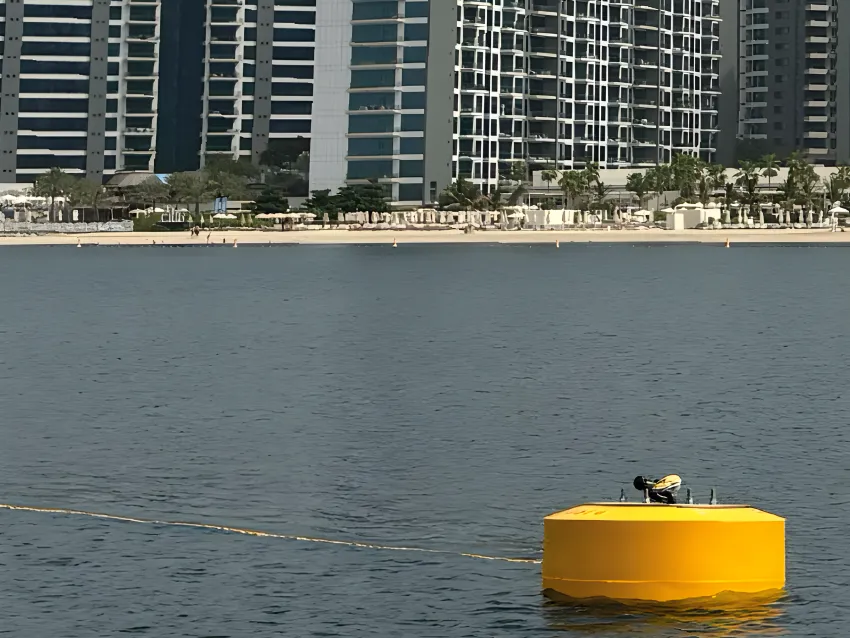 Marine mooring buoy near waterfront buildings