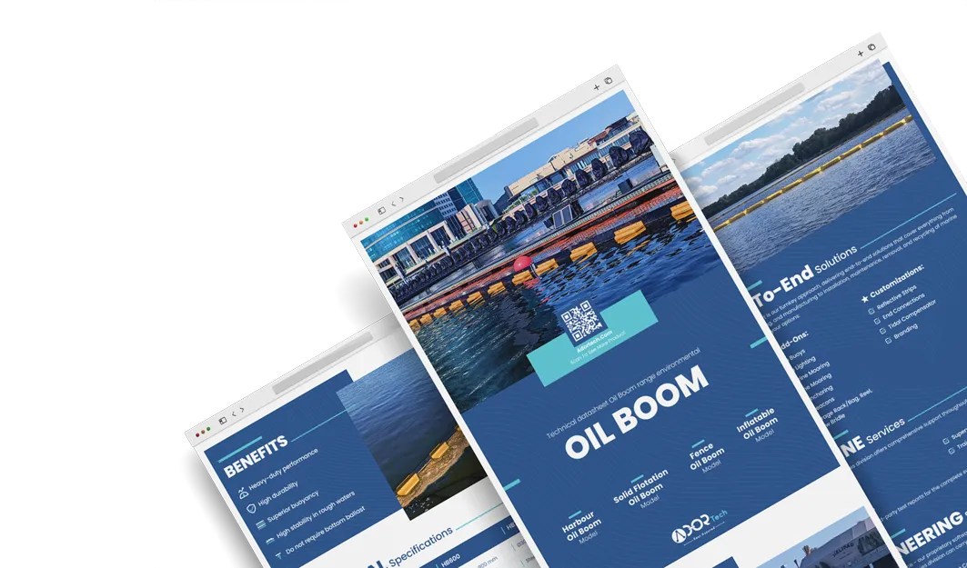 Oil containment boom catalog showing floating oil boom solutions for water protection