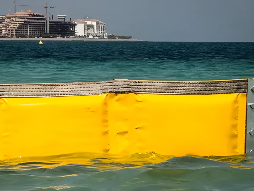 Oil containment boom with fence design floating on coastal water