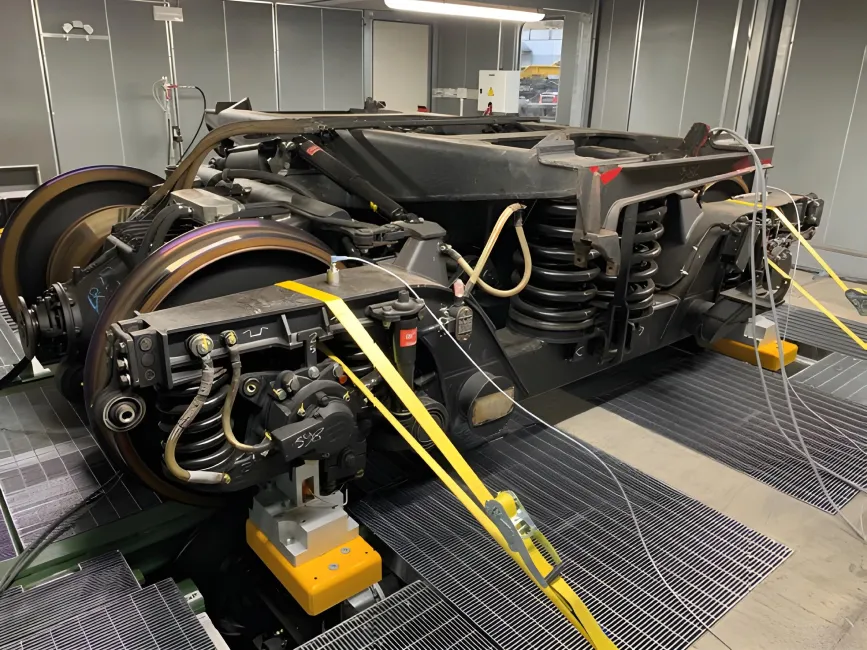 Railway test bench for bogie dynamic testing and rolling stock inspection.