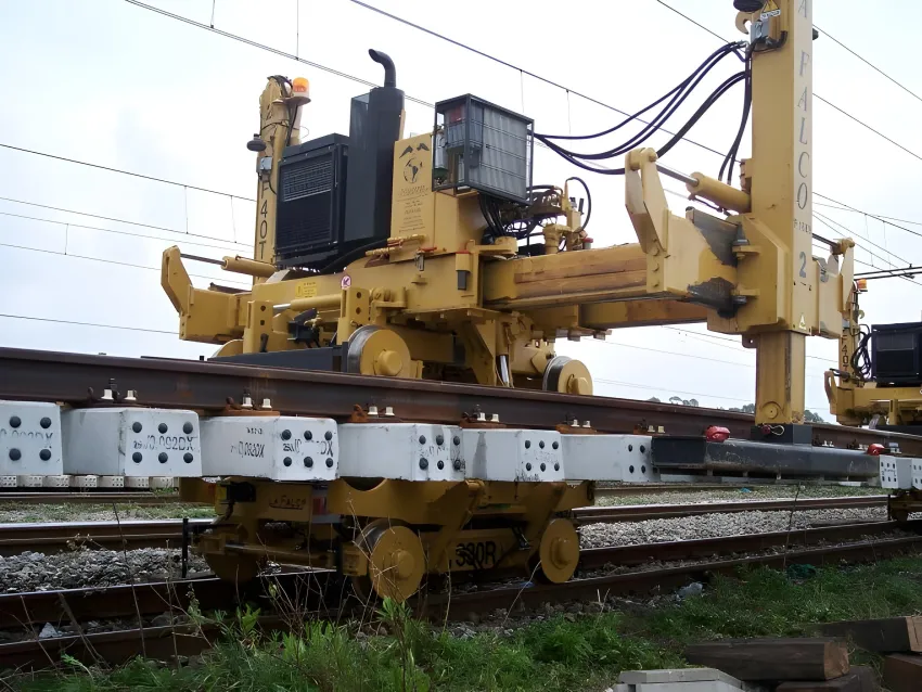 Track laying machine placing concrete sleepers and rails