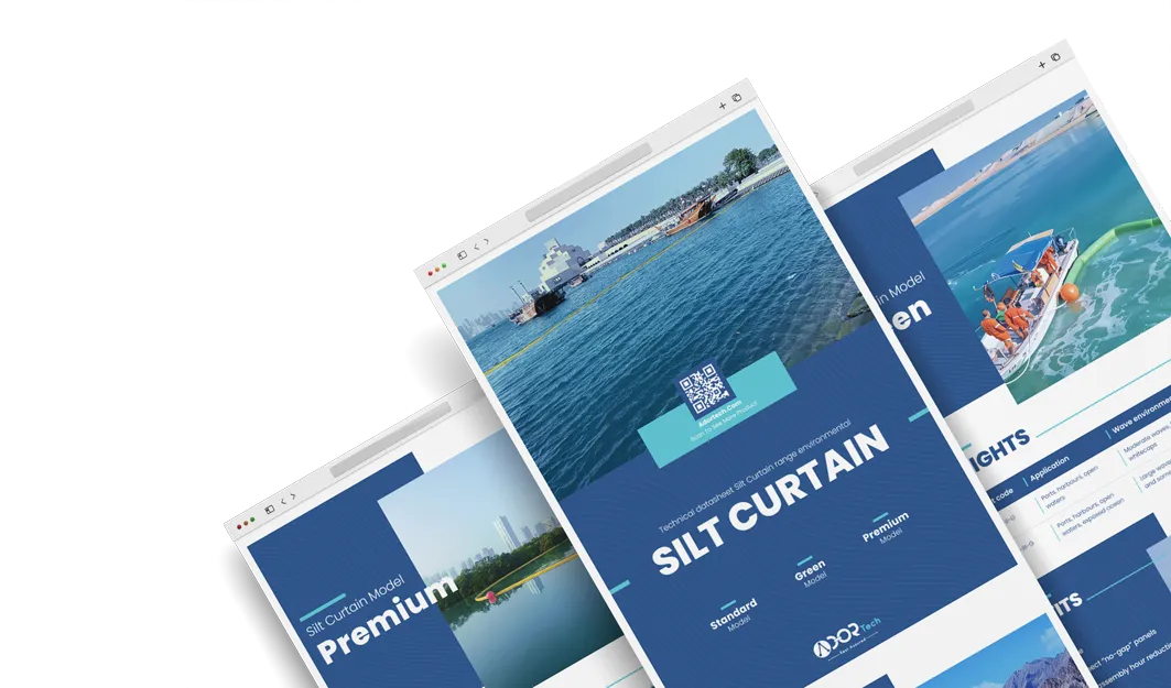 Silt curtain catalog showing turbidity curtain models for marine sediment control.