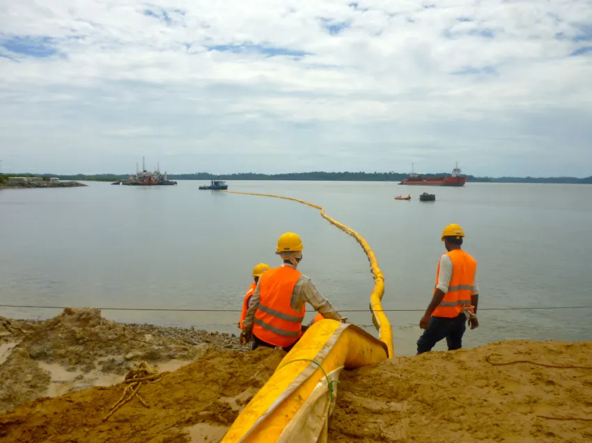 Silt curtain being installed for marine sediment control
