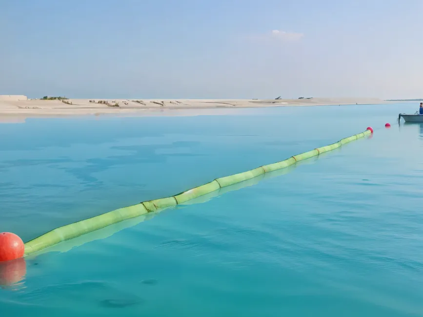 Floating silt curtain on calm water for sediment control.