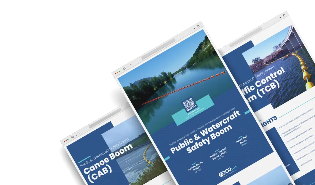 Waterway barrier catalog showing Watercraft Safety Boom and floating barrier system options